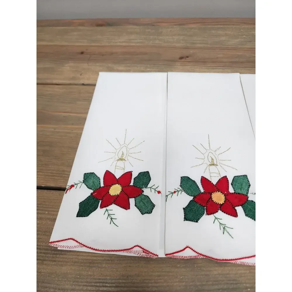 Set of 4 Embroidered Christmas Tea Towels, White Red Poinsettia
